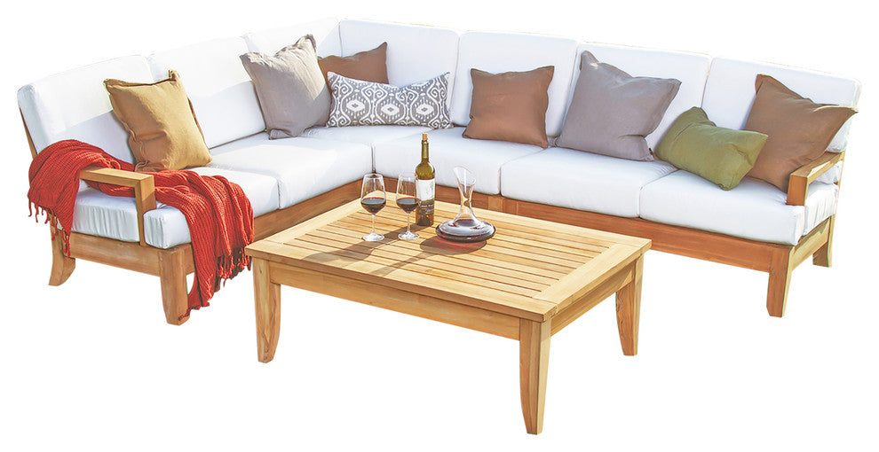 5-Piece Atnas Teak Sectional Outdoor Sofa Set, Cast Lagoon Sunbrella Cushion