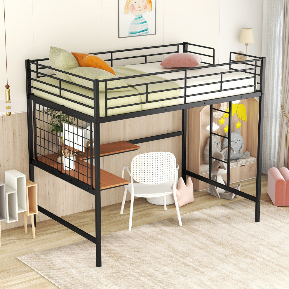 TATEUS Metal Loft Bed With Desk, Sturdy Metal Frame Guardrails Work and Play, Black, Full