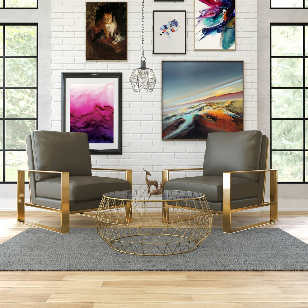 LeisureMod Jefferson 3-Piece Set With 2 Arm Chairs and Coffee Table, Gray