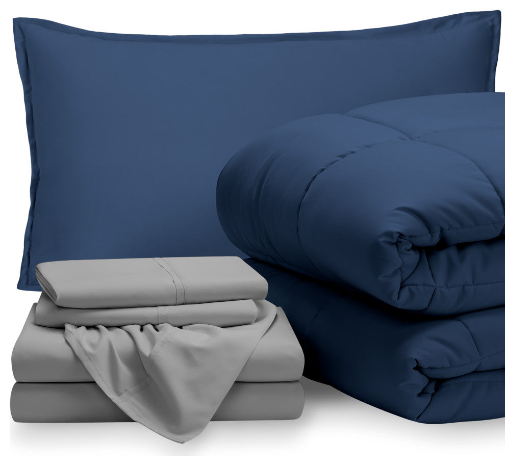 Bare Home 5-Piece Twin Bed-in-a-Bag, Dark Blue, Light Gray