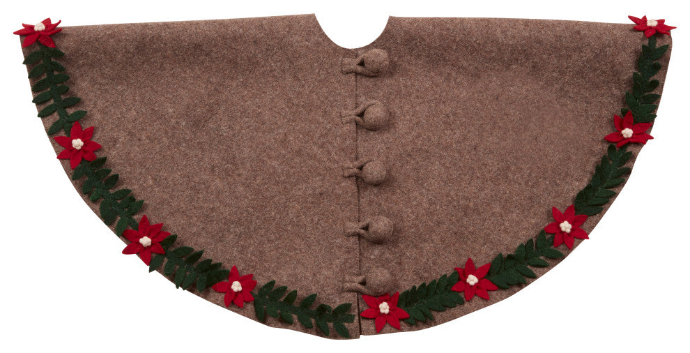 Handmade Felt Christmas Tree Skirt, Poinsettia Border on Gray, 60"