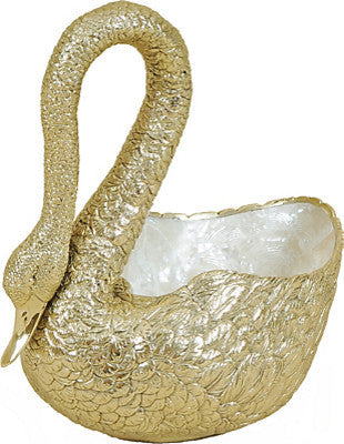 Polished Finished Brass Swan Figurine With Troca Shell Inlay