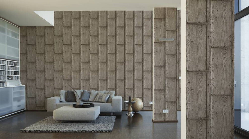 Loft Textured Wallpaper Featuring Rustic Wood, Brown Gray, One Roll