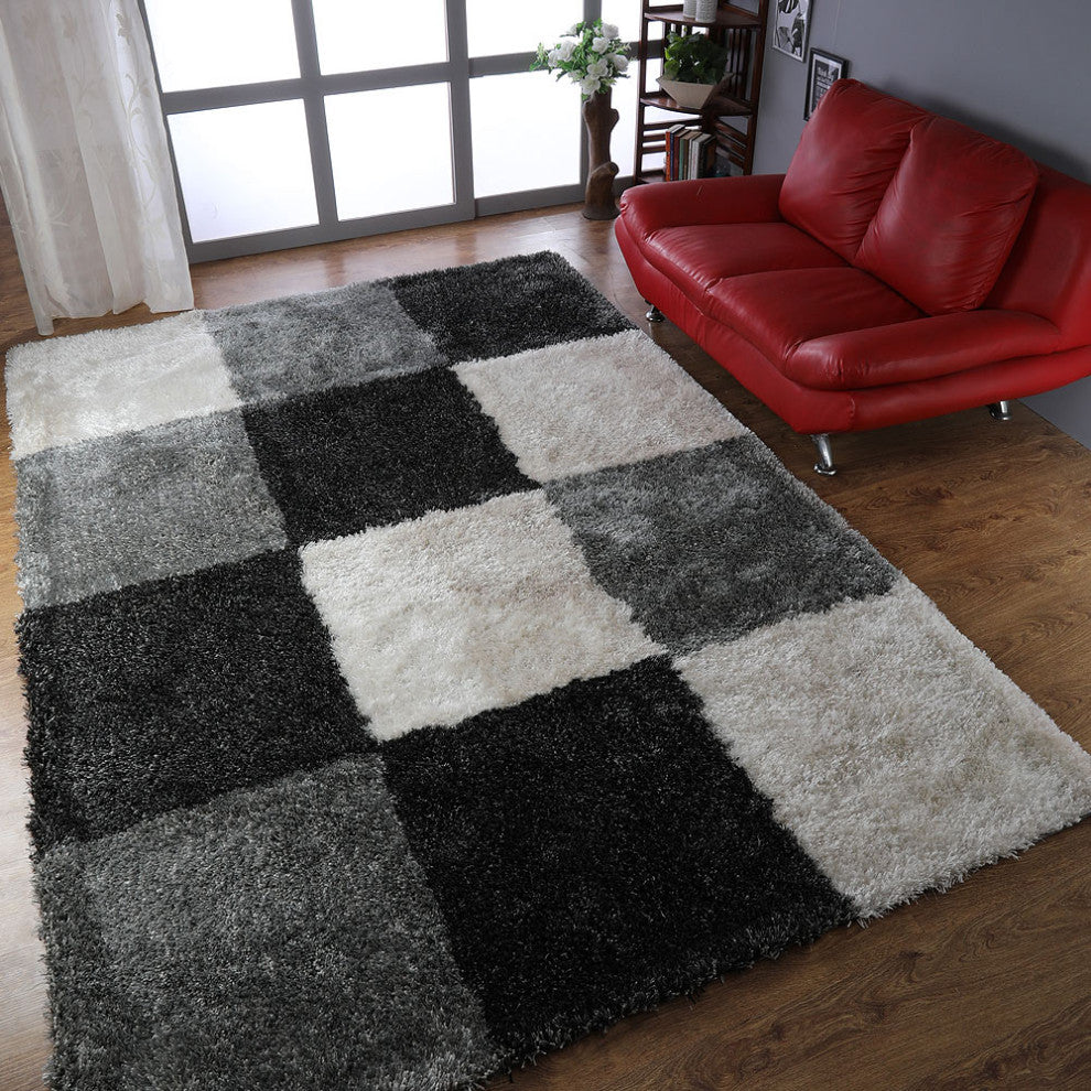 HAND TUFTED SHAG POLYESTER ECO-FRIENDLY AREA RUGS, Black Silver Color, Geometric