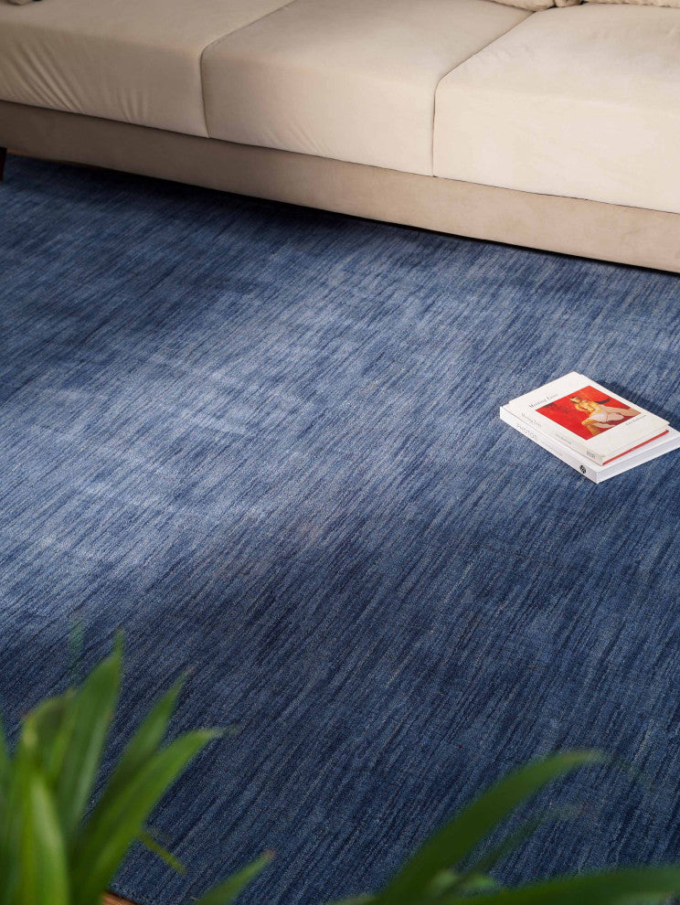 HAND KNOTTED LOOM WOOL ECO-FRIENDLY AREA RUGS - Blue, Solid Plain Design, [Rectangle] 8'x10'