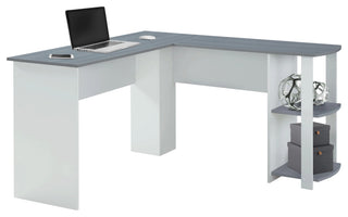 Techni Mobili Modern L-Shaped Desk with Side Shelves, Grey