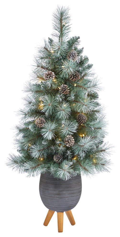 3.5' Frosted British Columbia Pine Faux Xmas Tree W/Lights, Pinecones