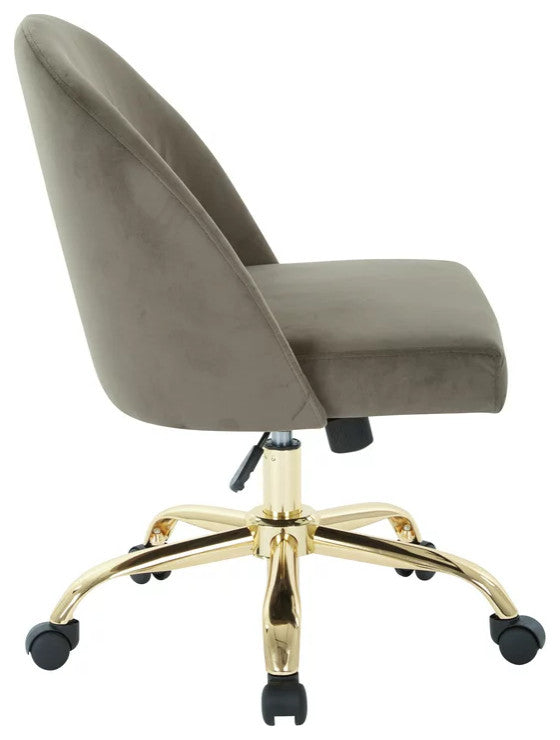 Elegant Office Chair, Golden Base With Padded Seat & Curved Back, Brown Velvet