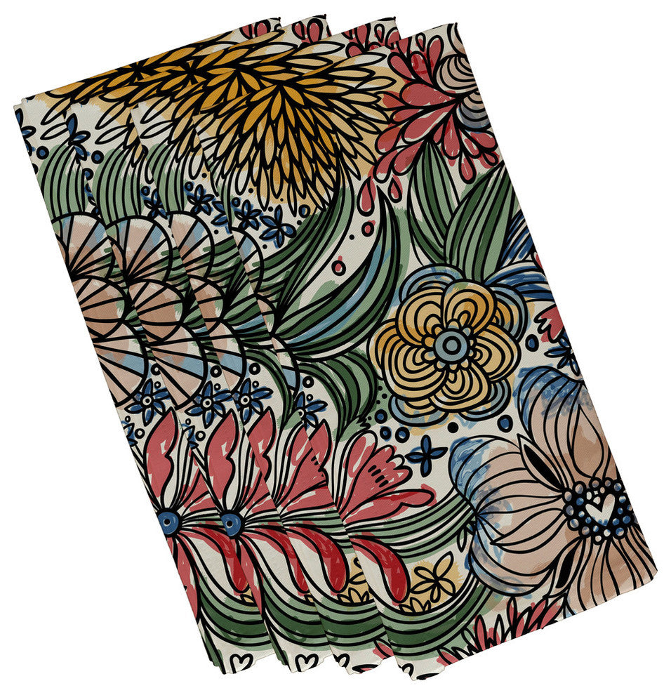 Zentangle Floral Print Napkin, Set of 4, Red