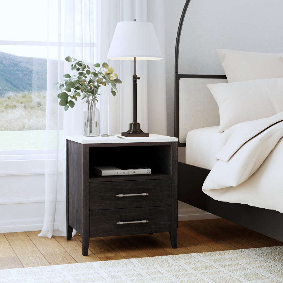 Mayfair 2-Drawer Wood and Marble Nightstand, Washed Black