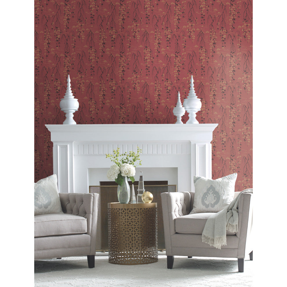 Willow Branches Wallpaper, Red, Black, Gold