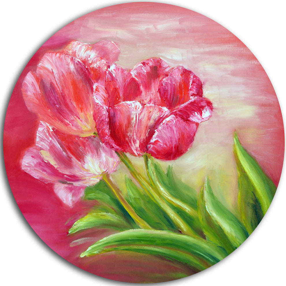 Red Tulips In Red Background, Floral Round Metal Wall Art, 36"