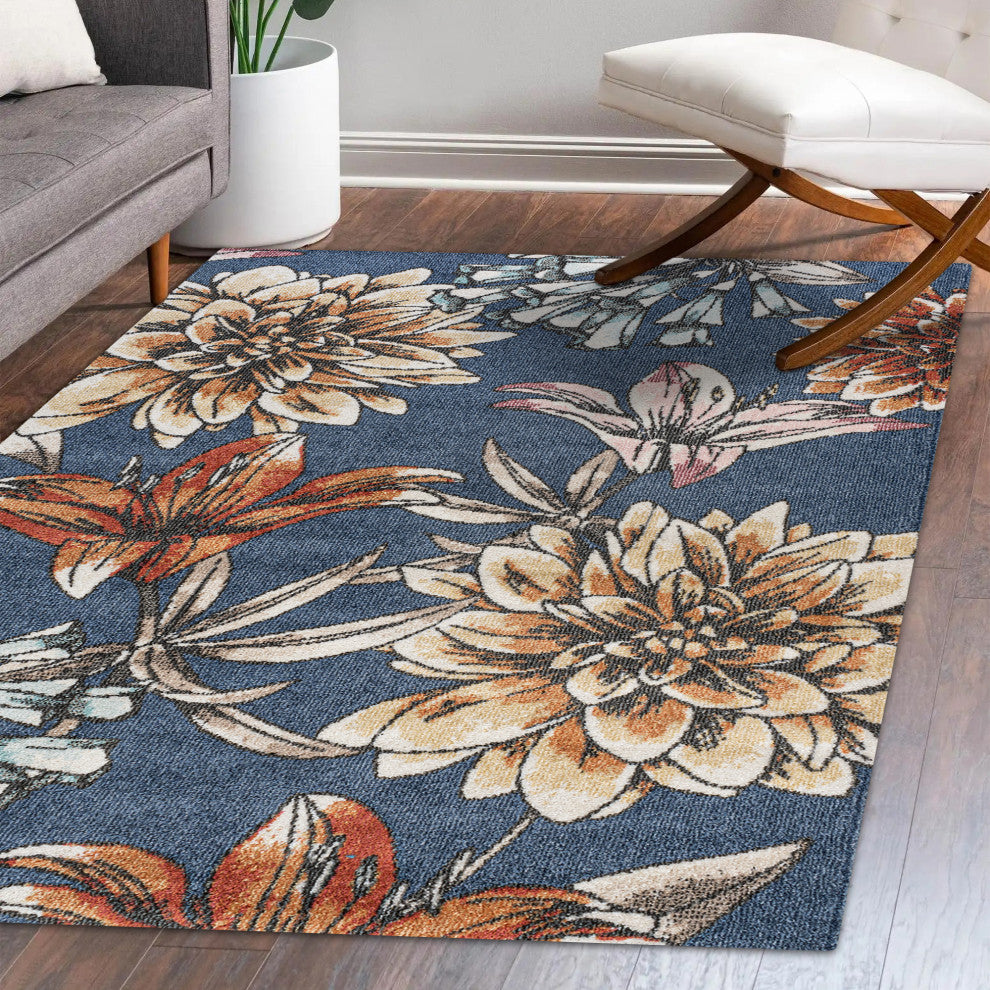 Giglio Modern Botanical Flower Area Rug, Blue/Orange/Cream, 3 X 5