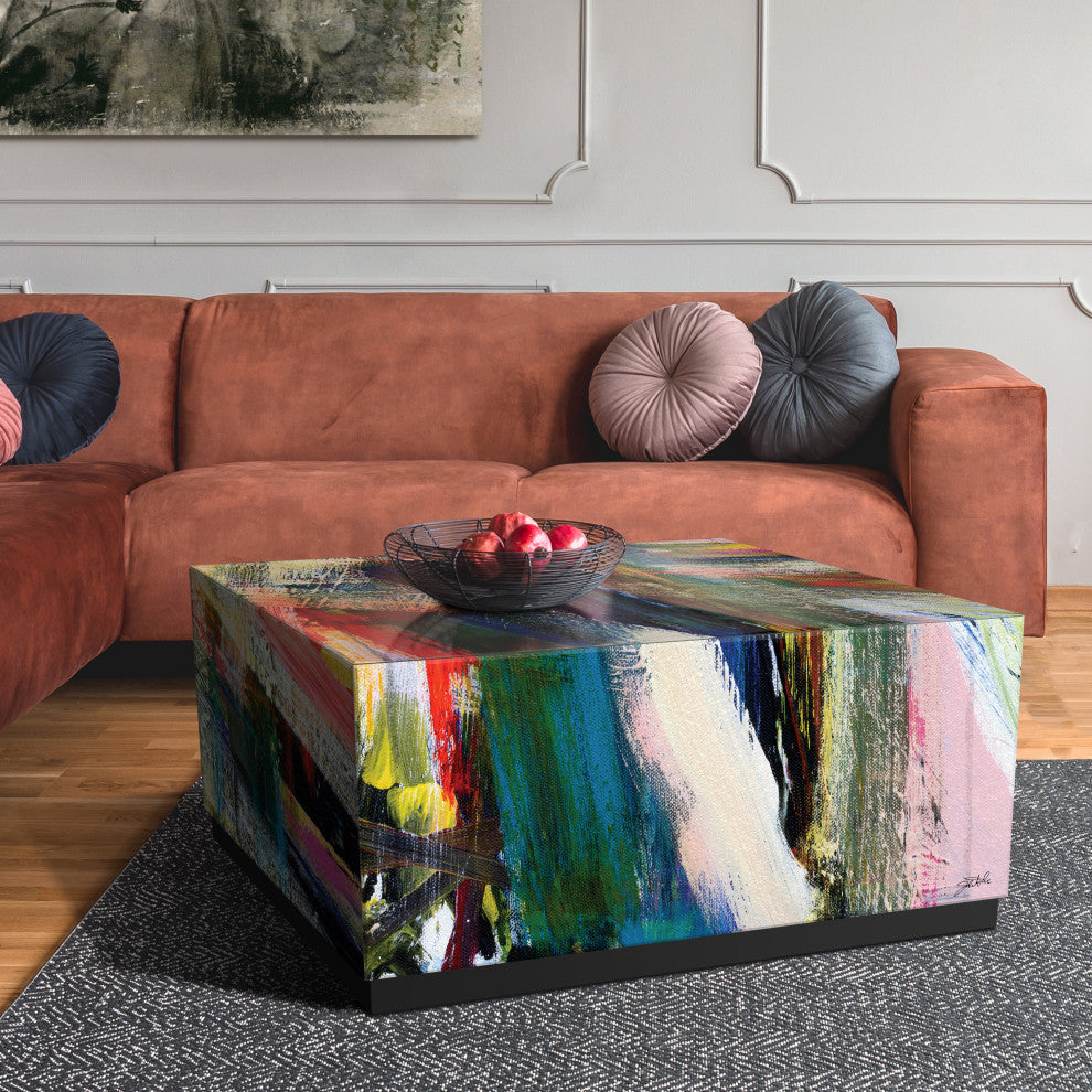 "Graffiti Rock Star I" Printed Glass Cocktail Table with Black Plinth Base