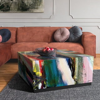 "Graffiti Rock Star I" Printed Glass Cocktail Table with Black Plinth Base
