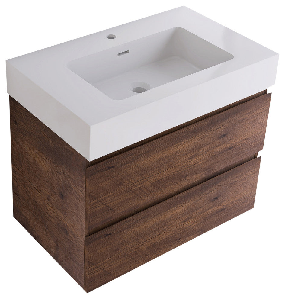 Wood Wall-Mounted Bathroom Vanity Set with Integrated Resin Sink, Walnut, 30"