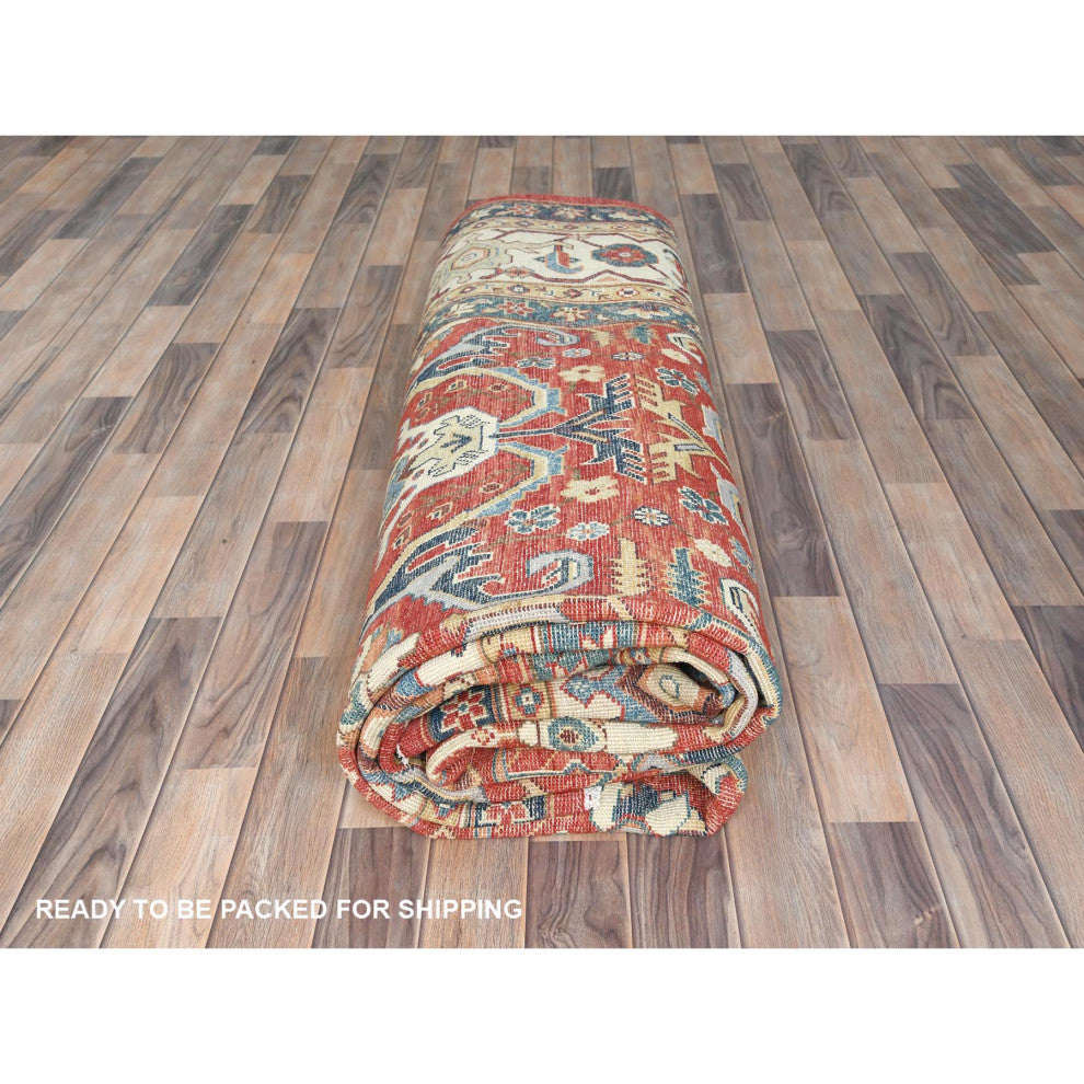 Soft Red Dense Weave Pure Wool Hand Knotted Bijar Garus Design Rug, 9'0"x12'0"