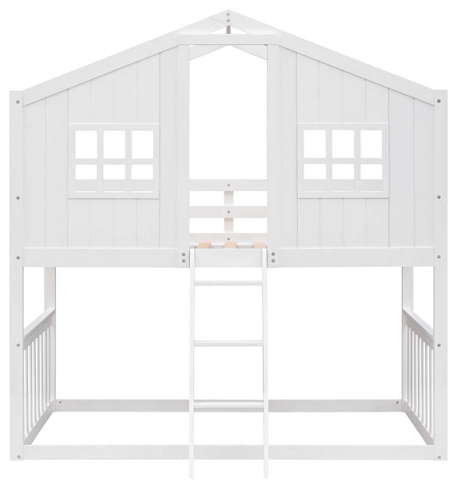 Gewnee Wood Twin Over Twin House Bunk Bed With Ladder in White