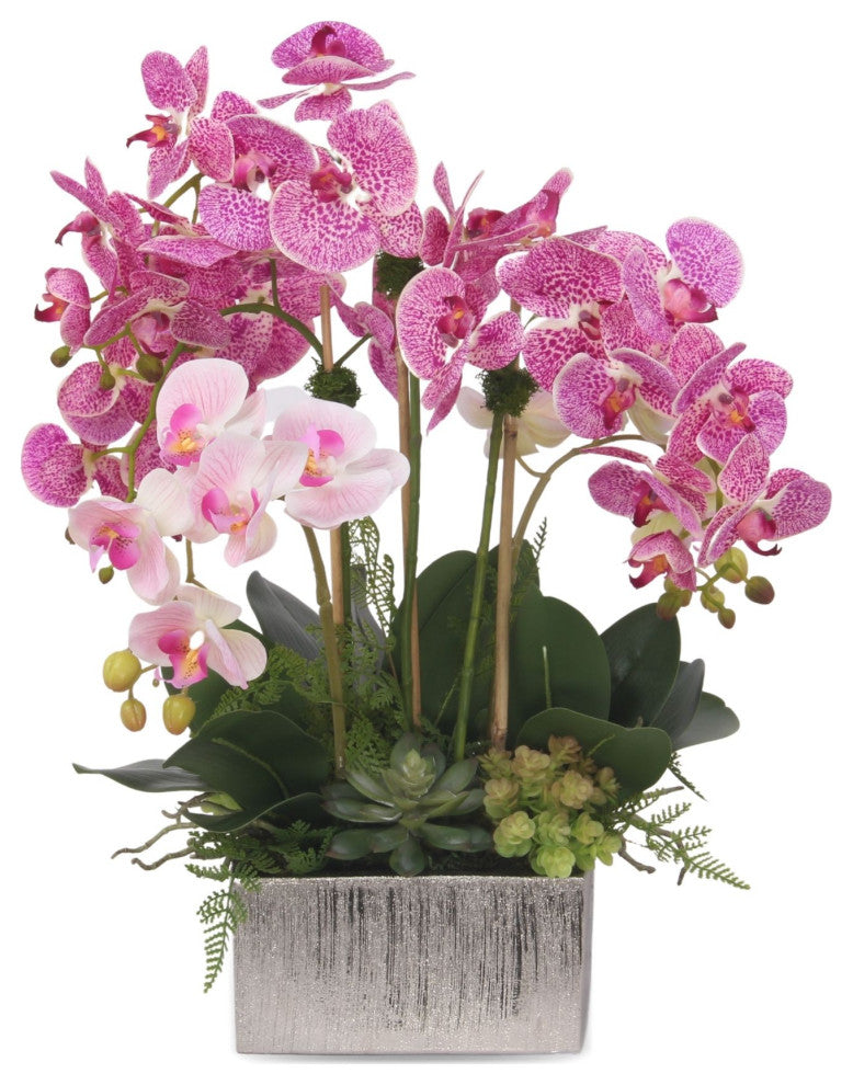 Pink Orchids Flower Arrangement, Square Ceramic Pot