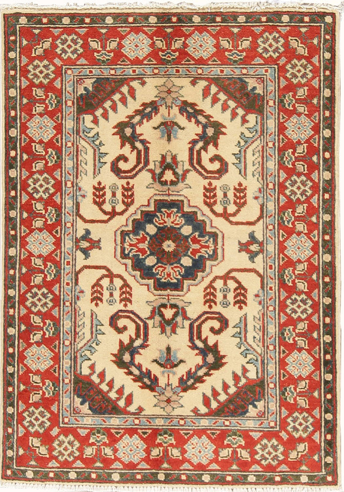 Pakistani Kazak Traditional Oriental Area Rug Hand-Knotted, Beige, 3'8"X2'8"