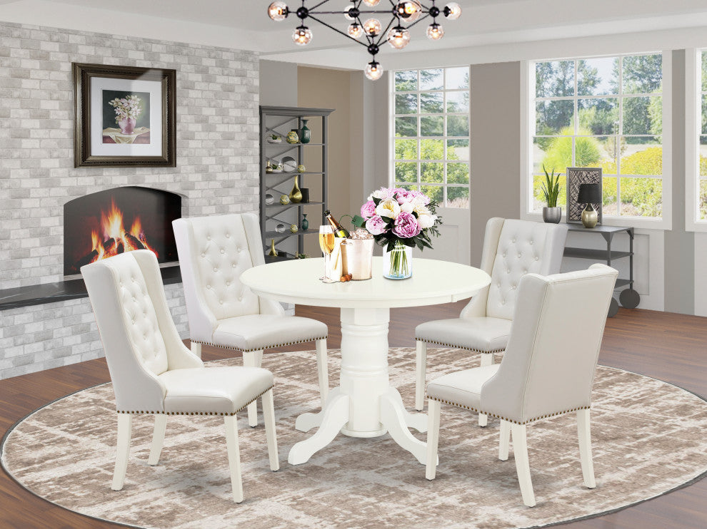 5Pc Dinette Set, 1 Pedestal Wooden Table, 4 Light Greys Chairs, Linen White