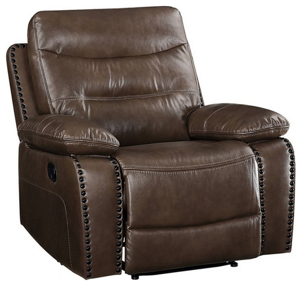 Benzara BM250552 Leatherette Power Recliner With Nailhead Trim Accent, Brown
