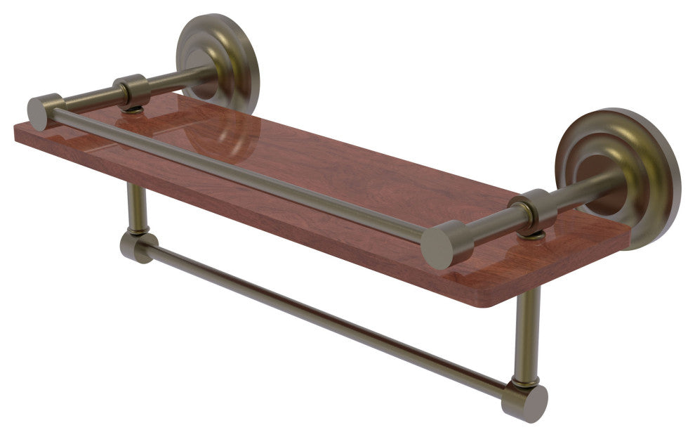 Que New 16" Wood Shelf with Gallery Rail and Towel Bar, Antique Brass
