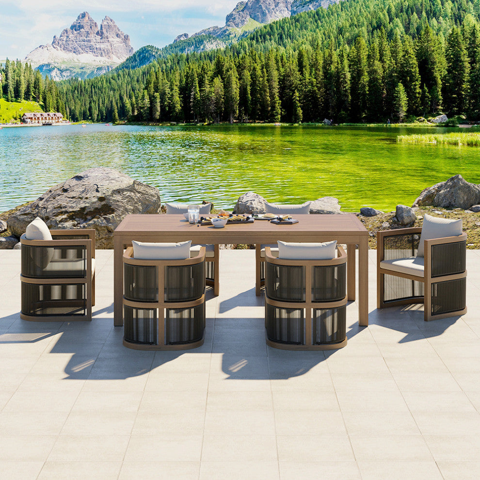7 Pieces Outdoor Dining Set For 6 with Rectangle Table & Rope Woven Armchair