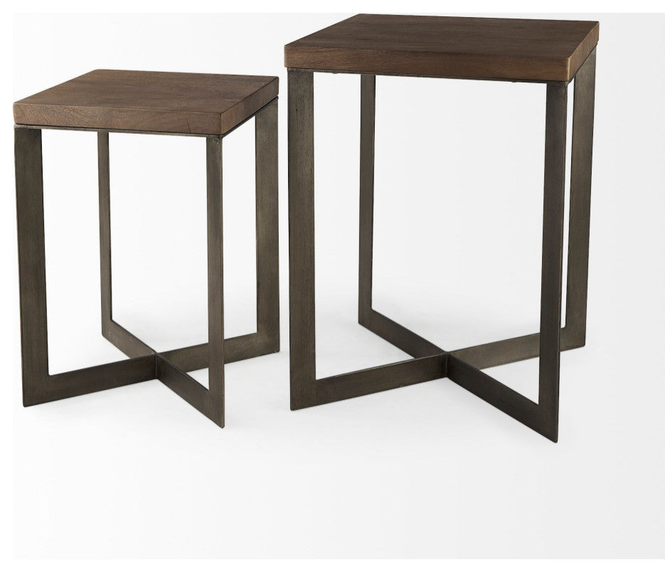 Faye 2-Piece Medium Brown Wood With Metal Base Accent Table Set