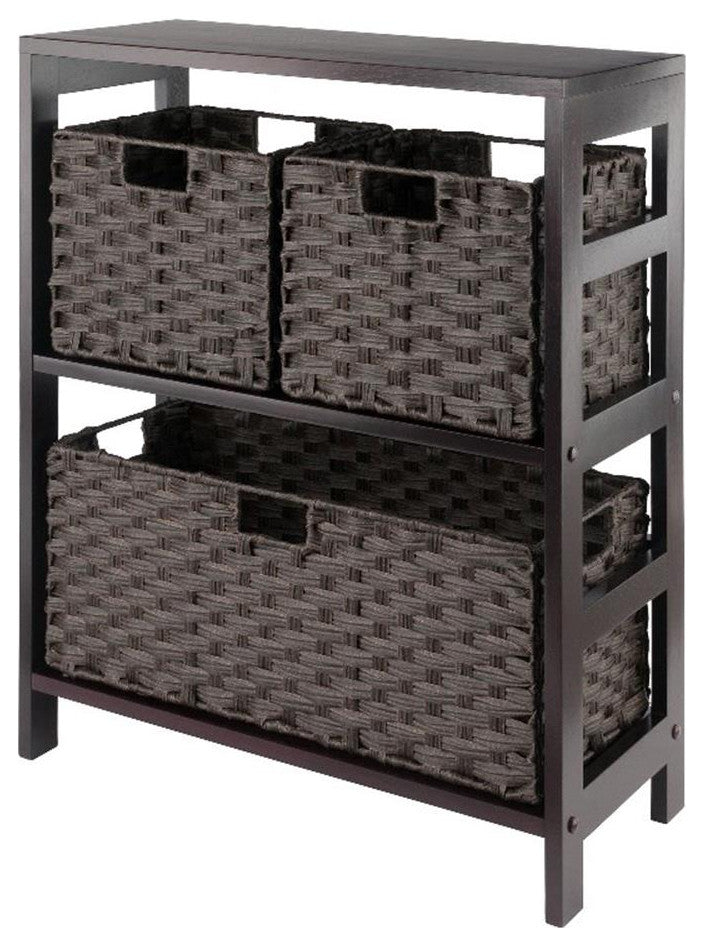 Leo 4-PieceStorage Shelf With 3 Foldable Woven Baskets, Espresso and Chocolate
