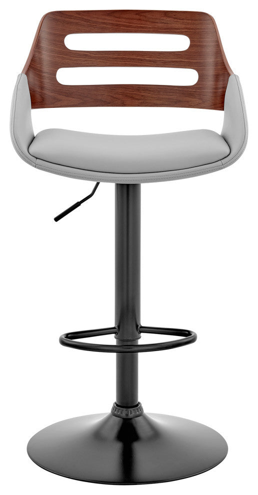 Karter Adjustable Faux Leather/Wood Barstool, Gray and Walnut With Black Base