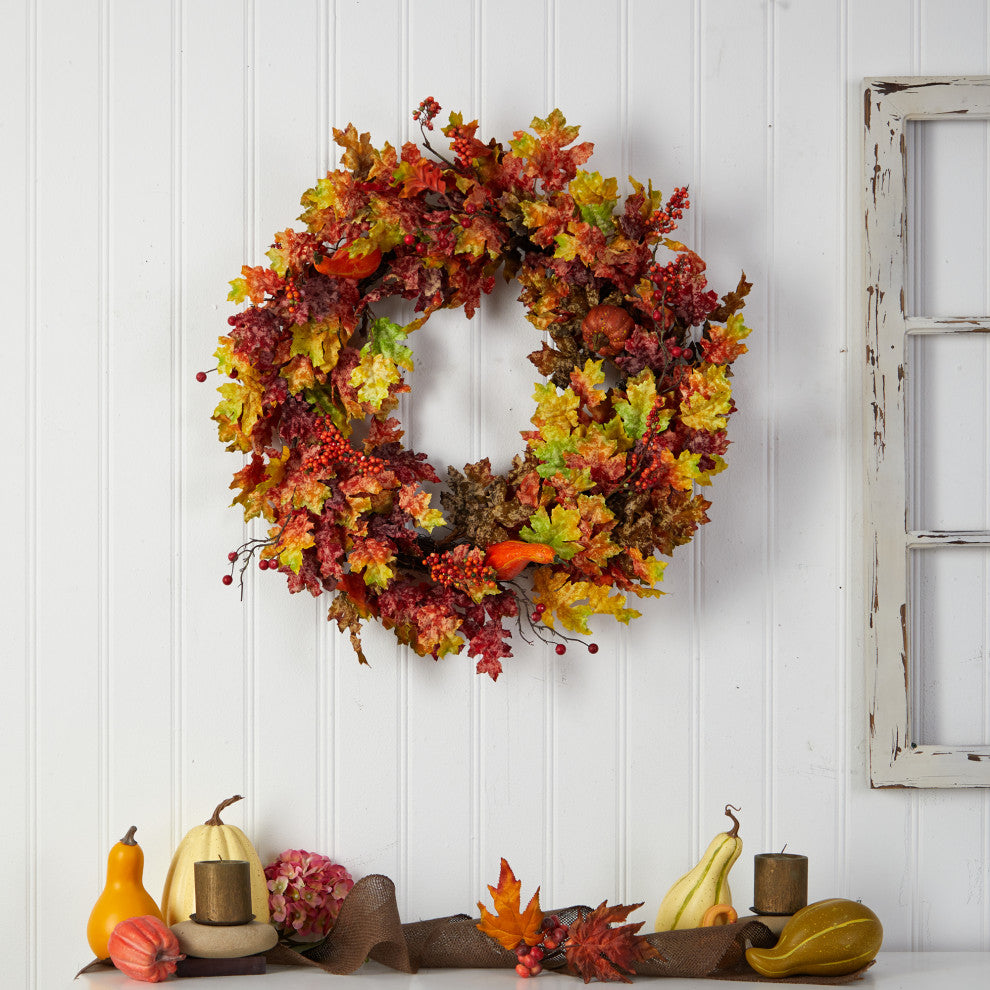 32" Autumn Oak Leaf, Berries and Pumpkin Artificial Autumn Wreath
