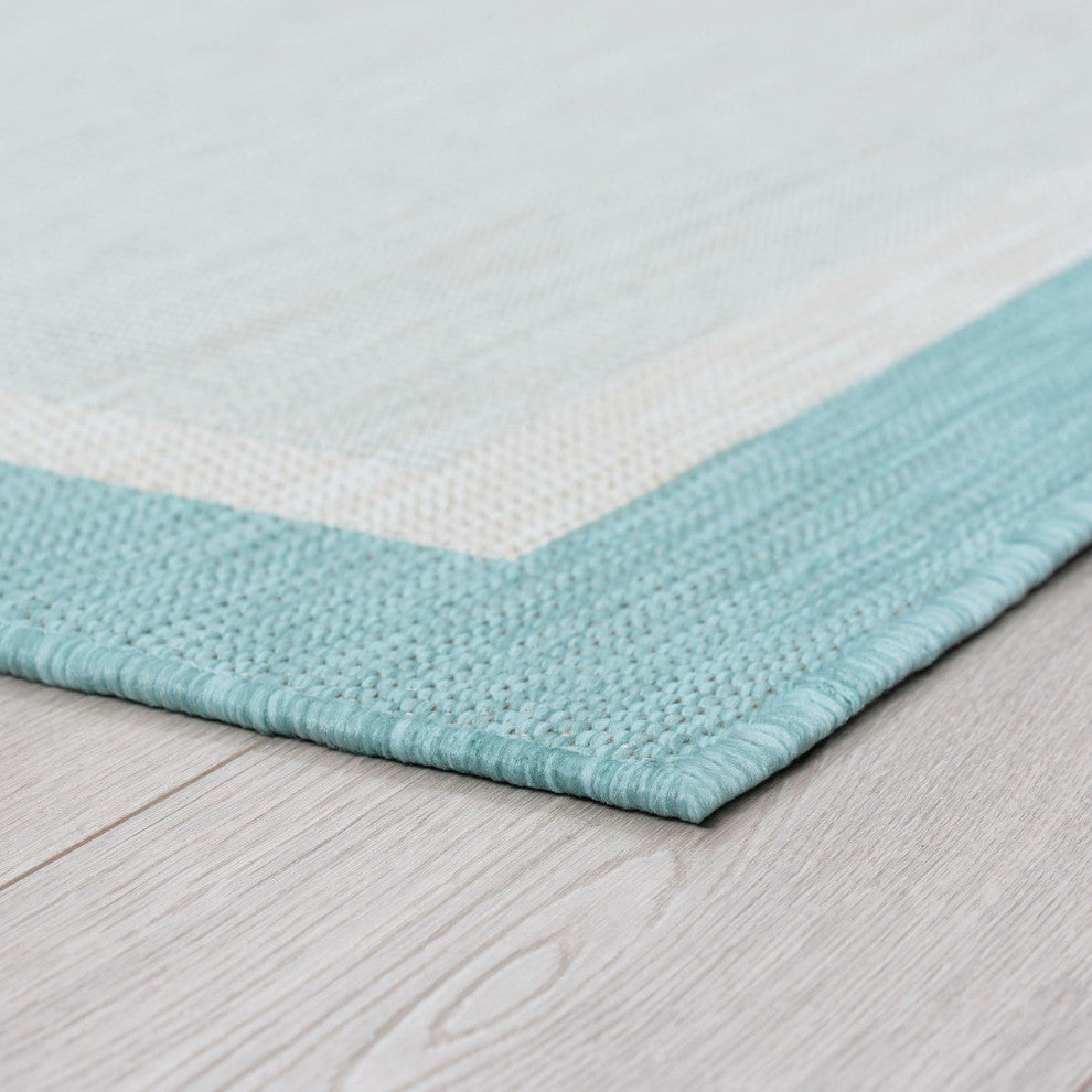 Dania Transitional Solid Border Aqua Rectangle Indoor/Outdoor Area Rug, 8'x10'