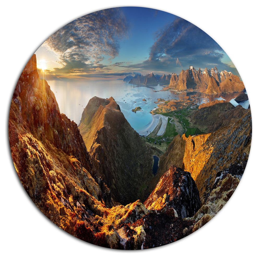 Ocean And Mountains Panorama, Landscape Round Metal Wall Art, 11"