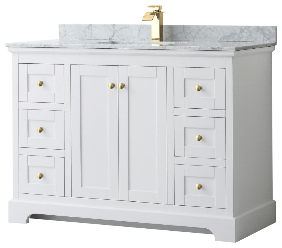 48" Single Bath Vanity, White, White Carrara Countertop, Sink, Gold Trim