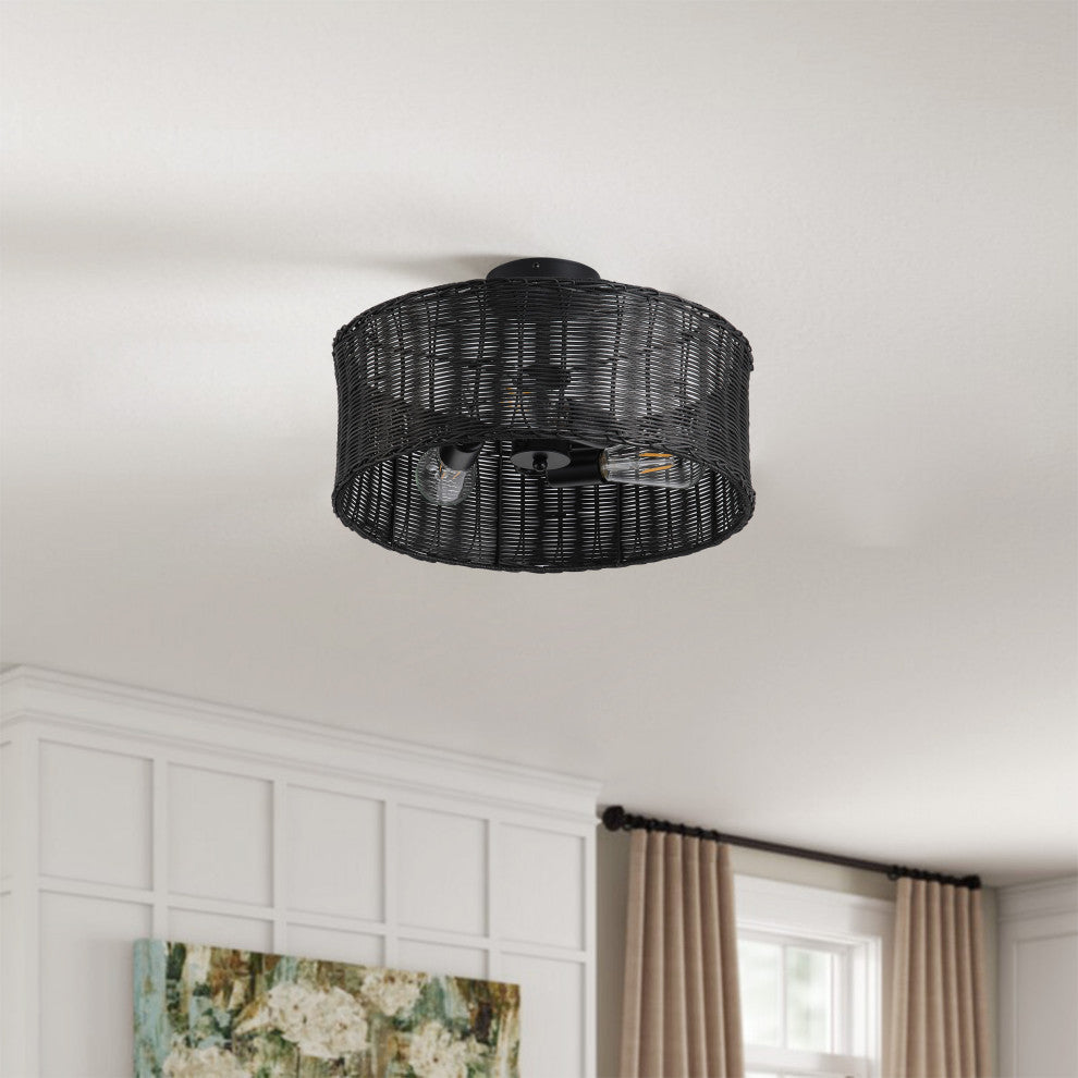Farmhouse Woven Rattan 3-Light Drum Semi Flush Mount Ceiling Light