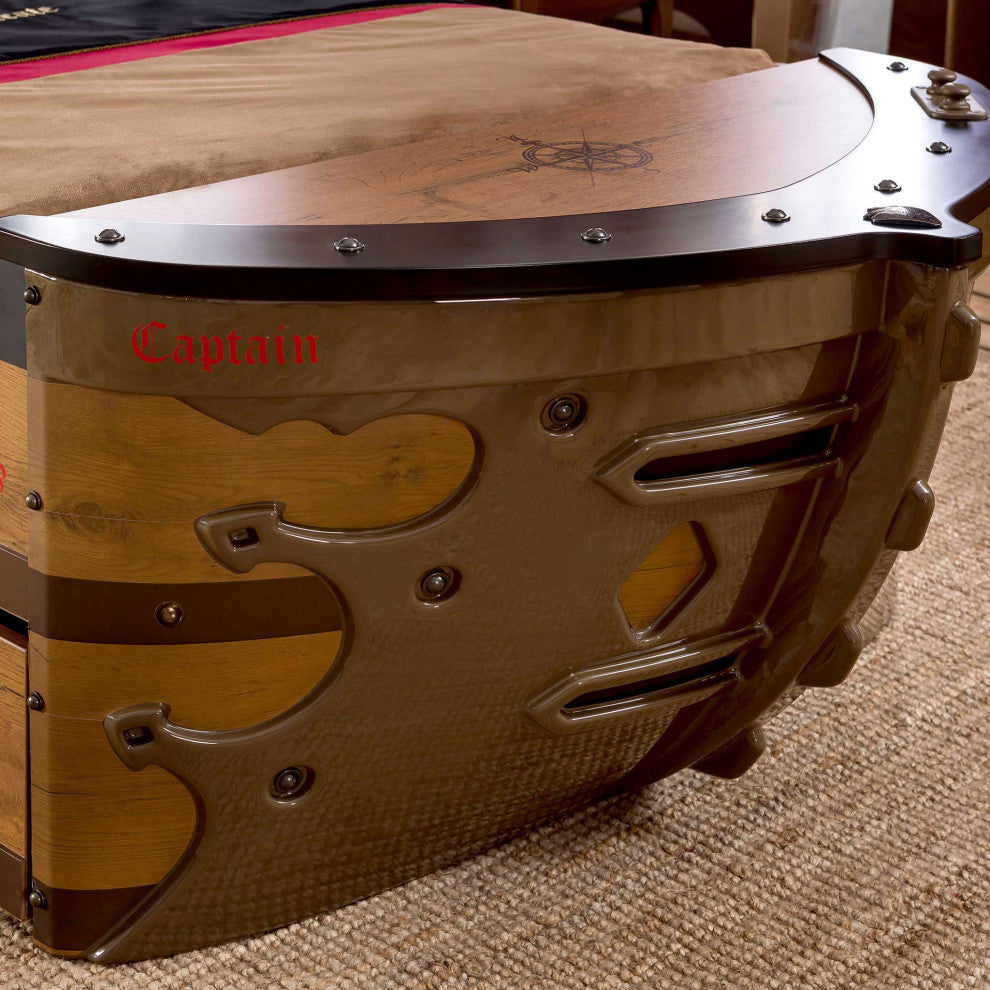 Pirate Twin-Size Captain''s Ship Bed with Sails and Deck and Trundle Storage Bed