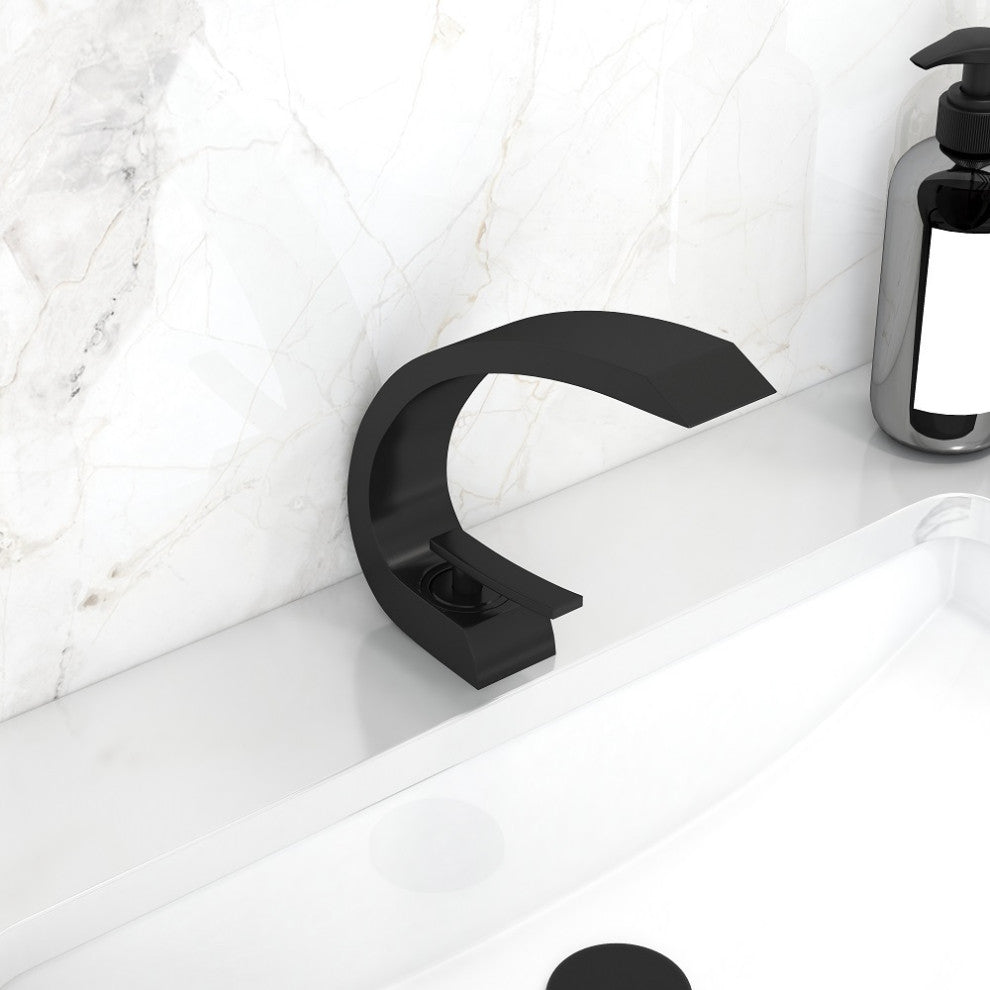 Single Hole 1-Handle Bathroom Sink Faucet Curved Spout with Pop Up Drain, Matte Black