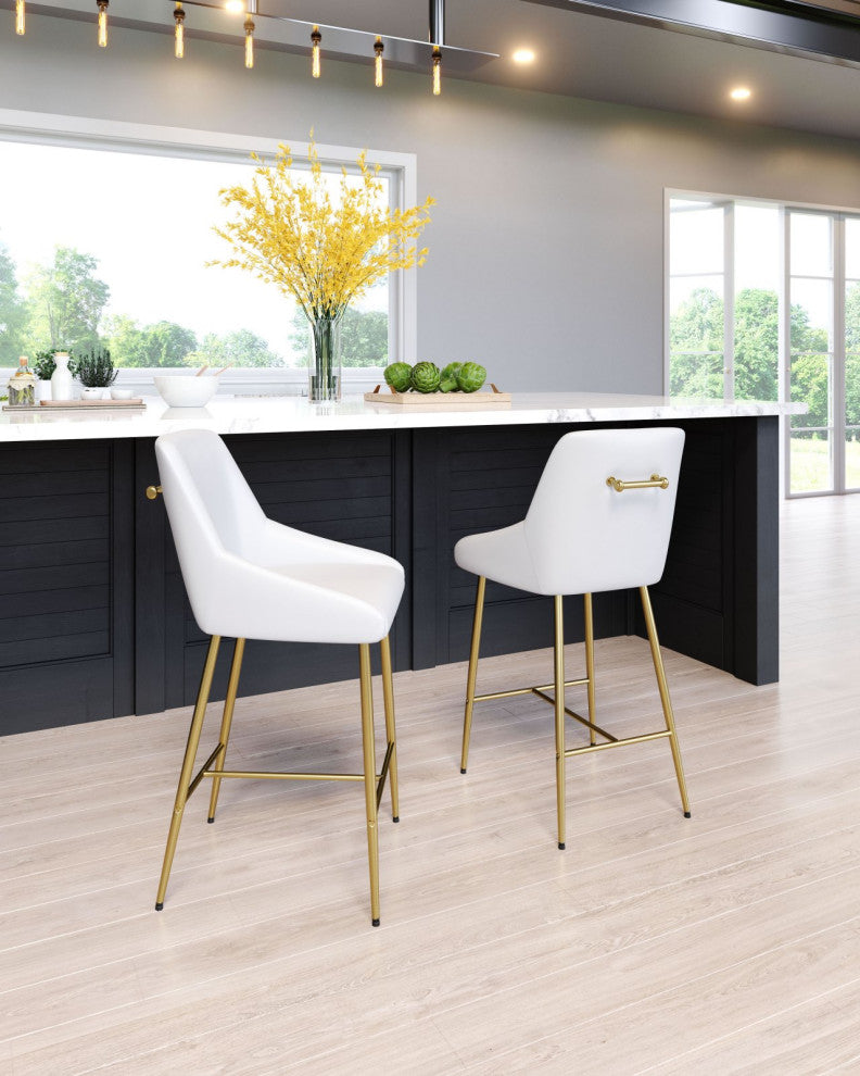 Counter Stool Chair, Faux Vinyl Leather, Steel, White, Gold, Cafe Bistro