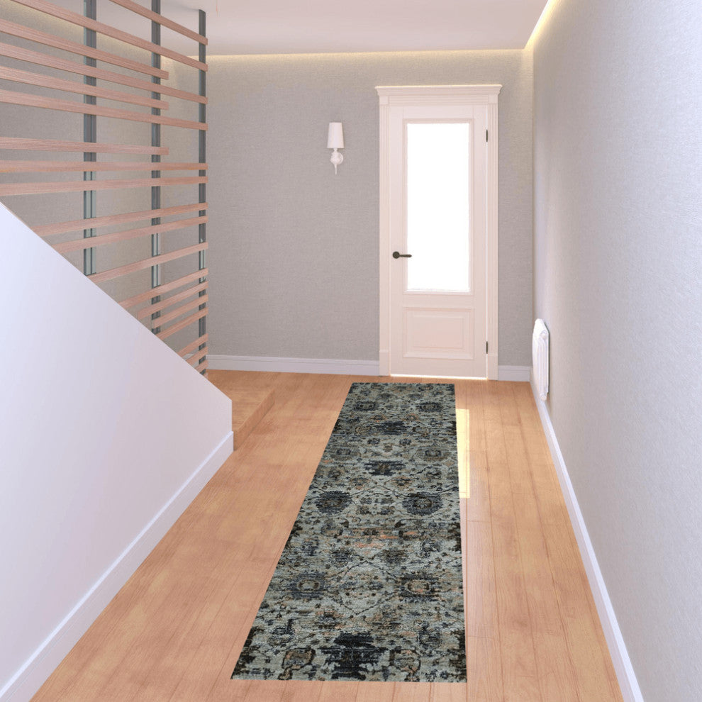 8' Runner Blue Green Oriental Power Loom Runner Rug
