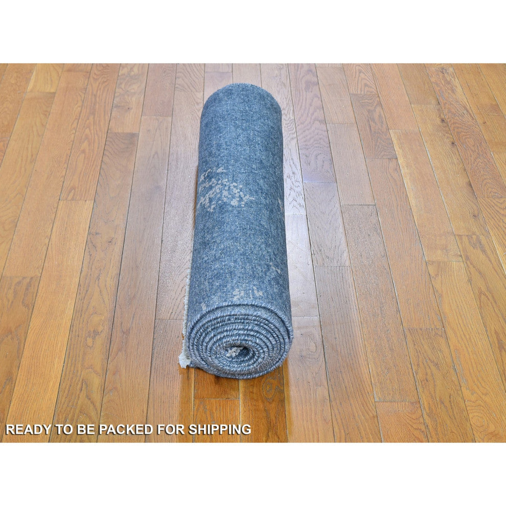 Dark Gray Hand Knotted Art Silk Modern Wide Runner Oriental Rug, 3'0"x11'9"