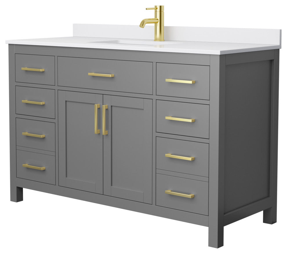 54"SGL Bathroom Vanity Dark Gray, White Cult. Marble Countertop, Sink, Gold Trim