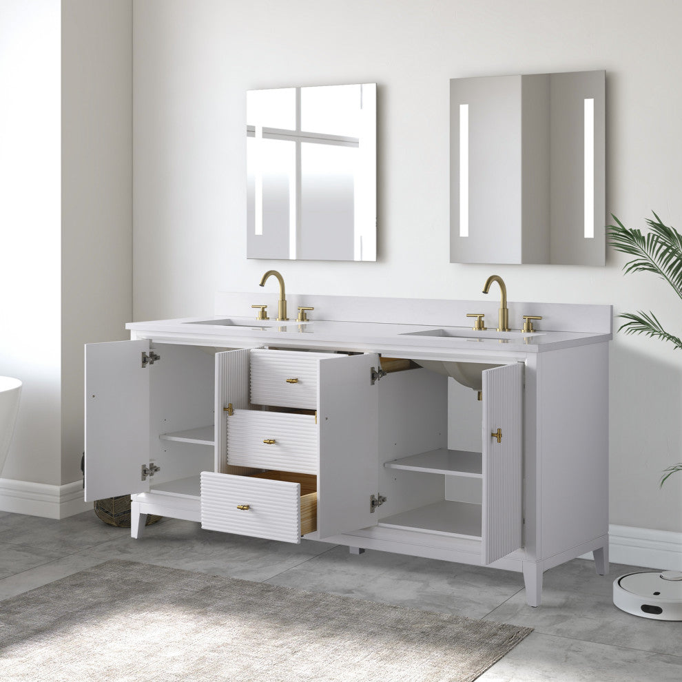 Vanity Art Bathroom Vanity with Engineered Marble Top and Sink, White, 72" (Double Sink), Golden Brushed