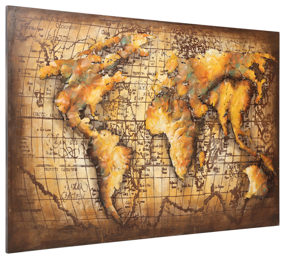 "Globe" World Map Mixed Media Iron Hand Painted Dimensional Wall Decor 48"x32"