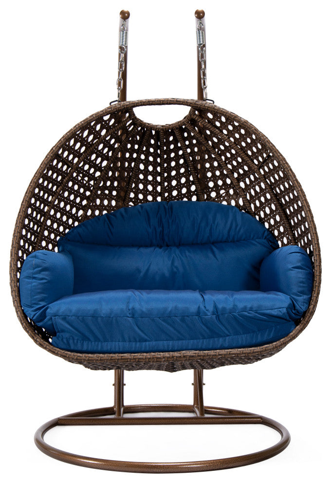 LeisureMod Mendoza Dark Brown Wicker Hanging Double Egg Swing Chair, Blue