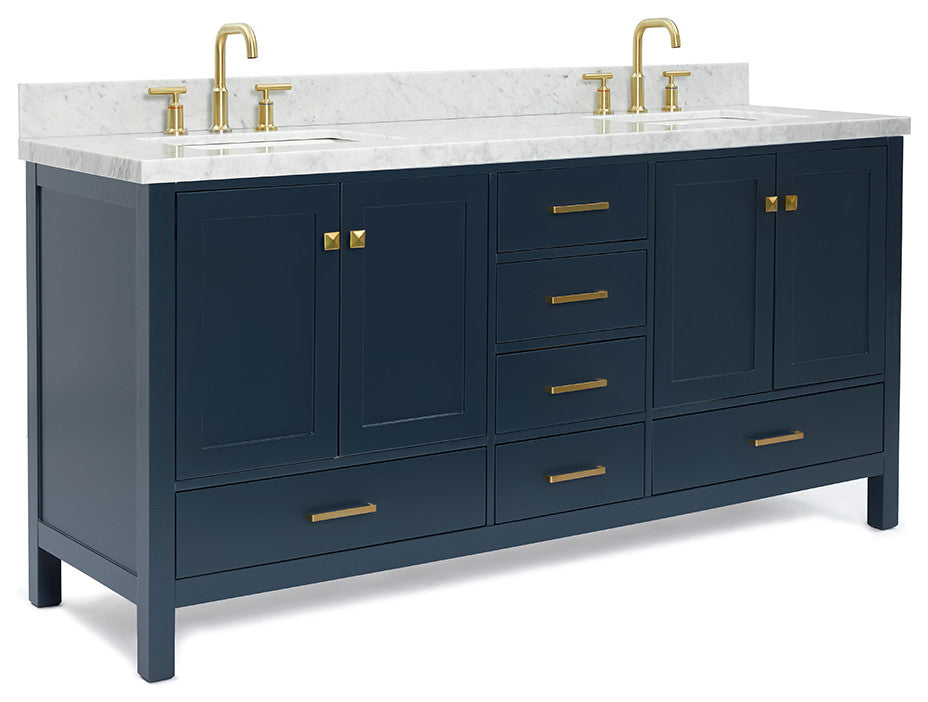 ARIEL Cambridge 73" Rectangle Sink Midnight Blue Vanity Carrara Top, No Mirror