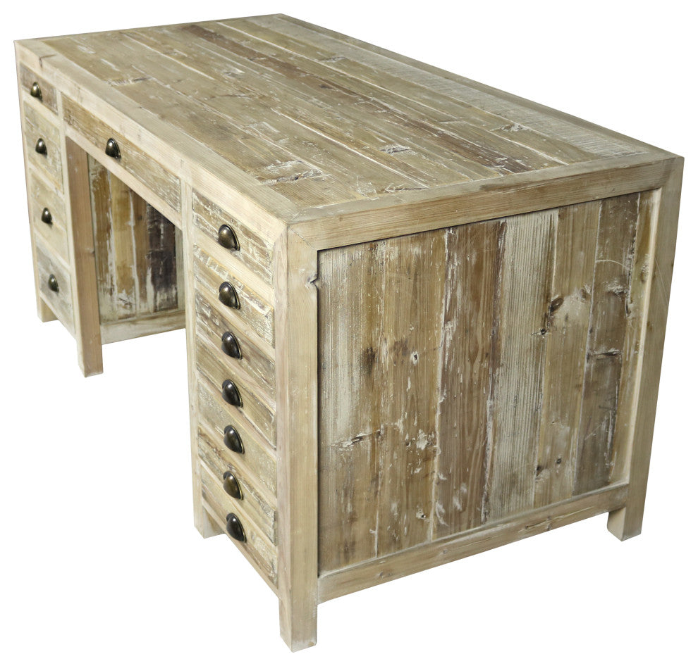 Manhattan Beach 2-Piece Office Set w/ 12-Drawer Desk and Natural Arm Chair