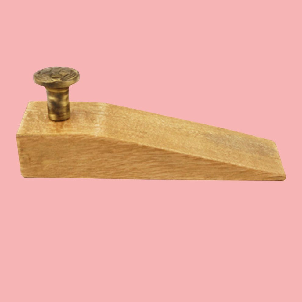Door Wedge Solid Mango Wood Antique Brass Knob Natural |