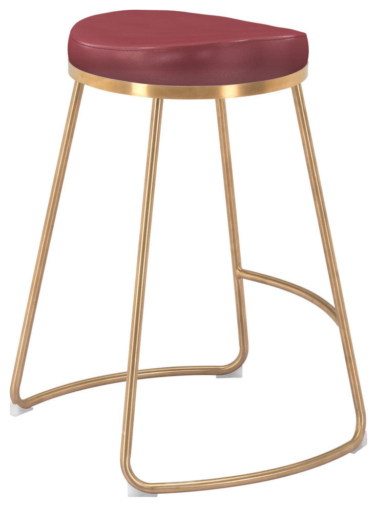 Counter Stool Chair, Set of 2, Faux Vinyl Leather, Steel, Burgundy, Gold, Cafe