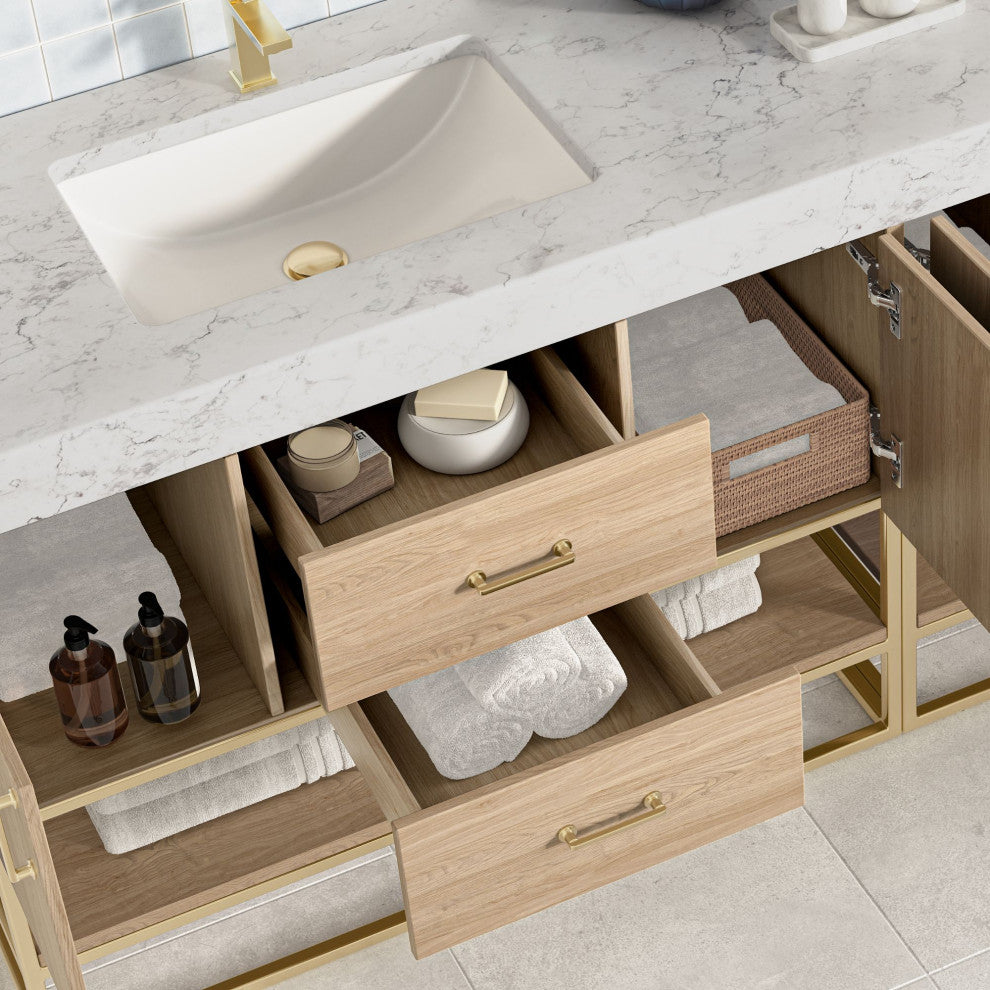 Bahia Bath Vanity, Oak, 84", Brushed Gold Hardware, Double, Freestanding